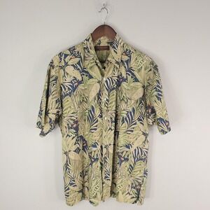 Tori Richard Shirt Mens Medium Green Blue Hawaiian Tropical Pearl Button USA